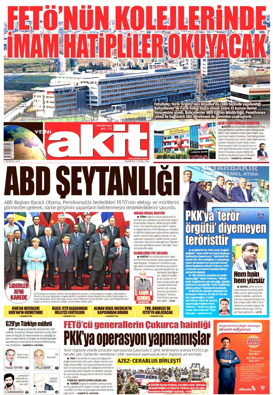 5 Eylül 2016 gazete manşetleri - 780