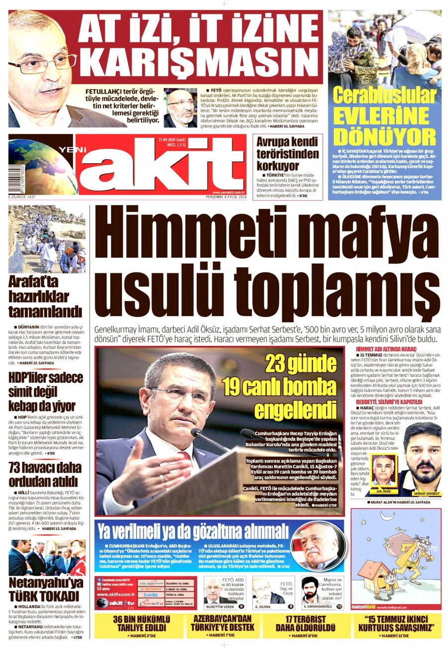 8 Eylül 2016 gazete manşetleri - 746