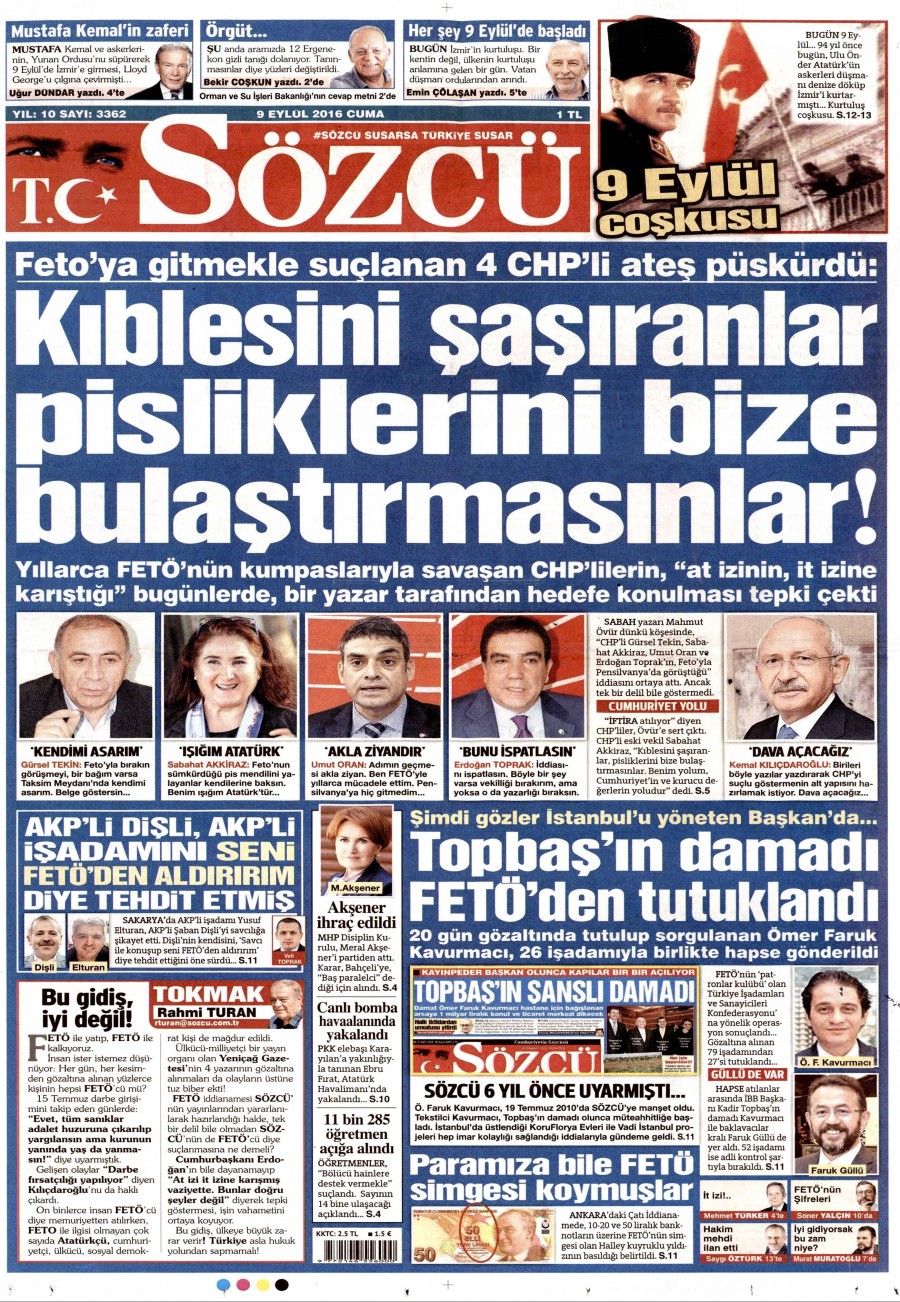 9 Eylül 2016 gazete manşetleri - 831