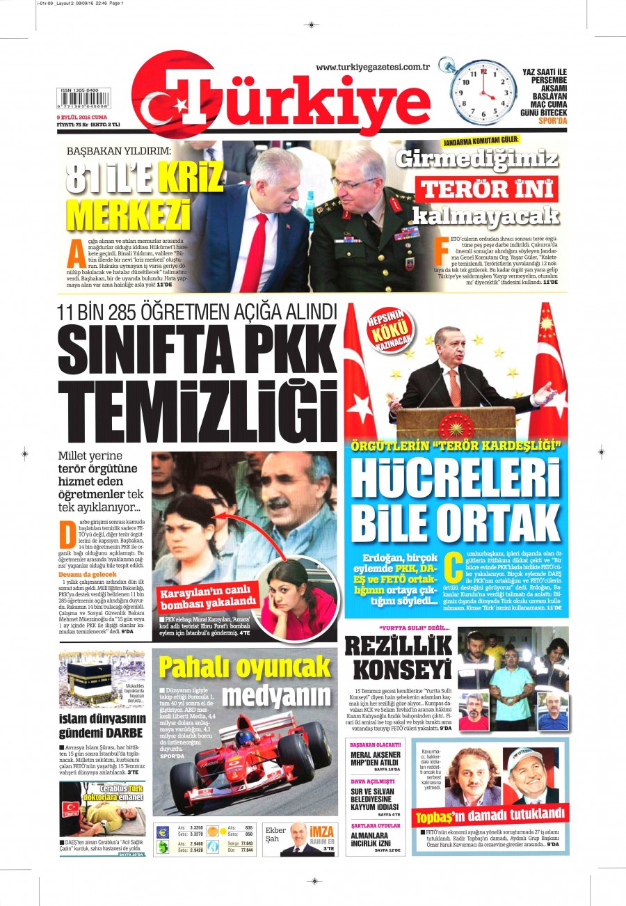 9 Eylül 2016 gazete manşetleri - 821
