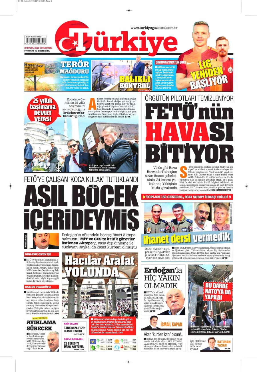 10 Eylül 2016 gazete manşetleri - 855