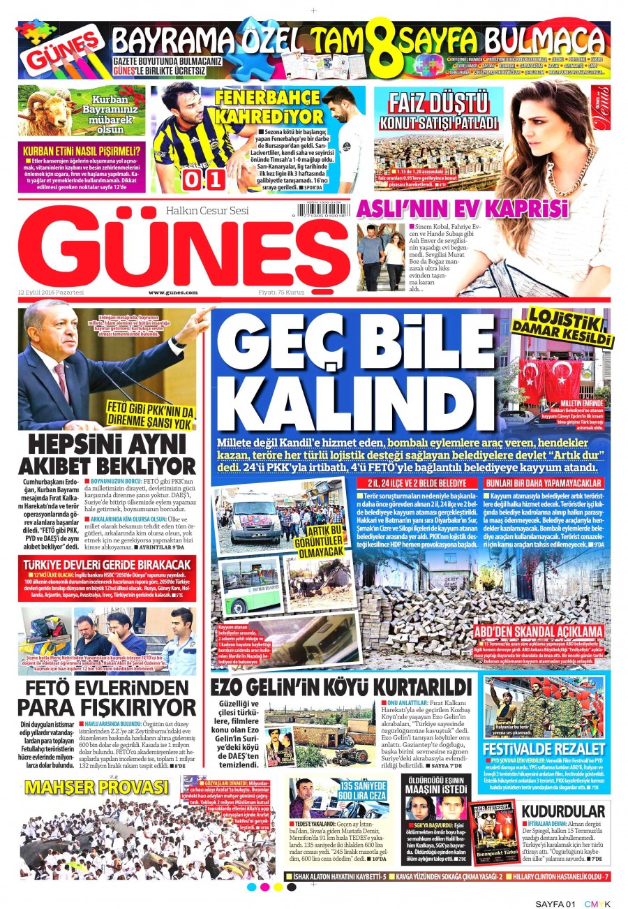 12 Eylül 2016 gazete manşetleri - 8