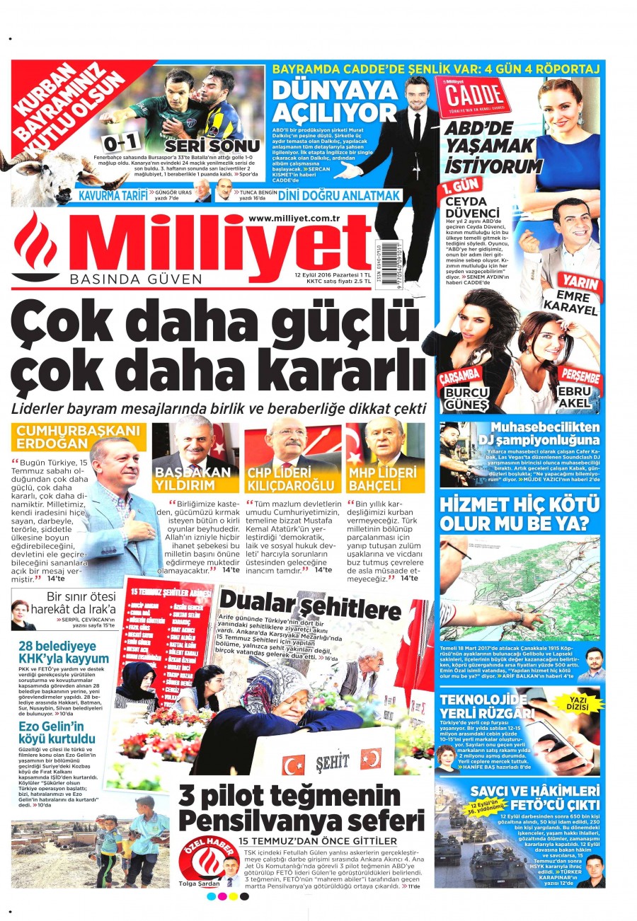 12 Eylül 2016 gazete manşetleri - 12