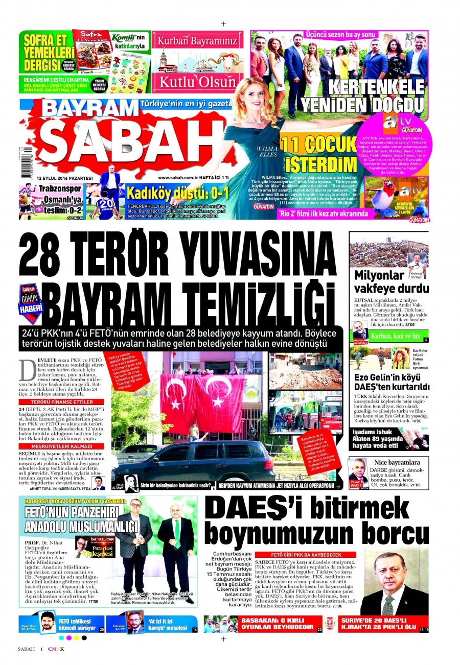 12 Eylül 2016 gazete manşetleri - 1