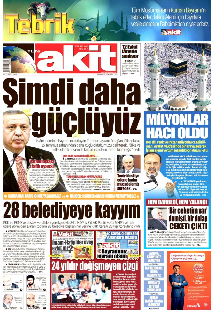 12 Eylül 2016 gazete manşetleri - 9