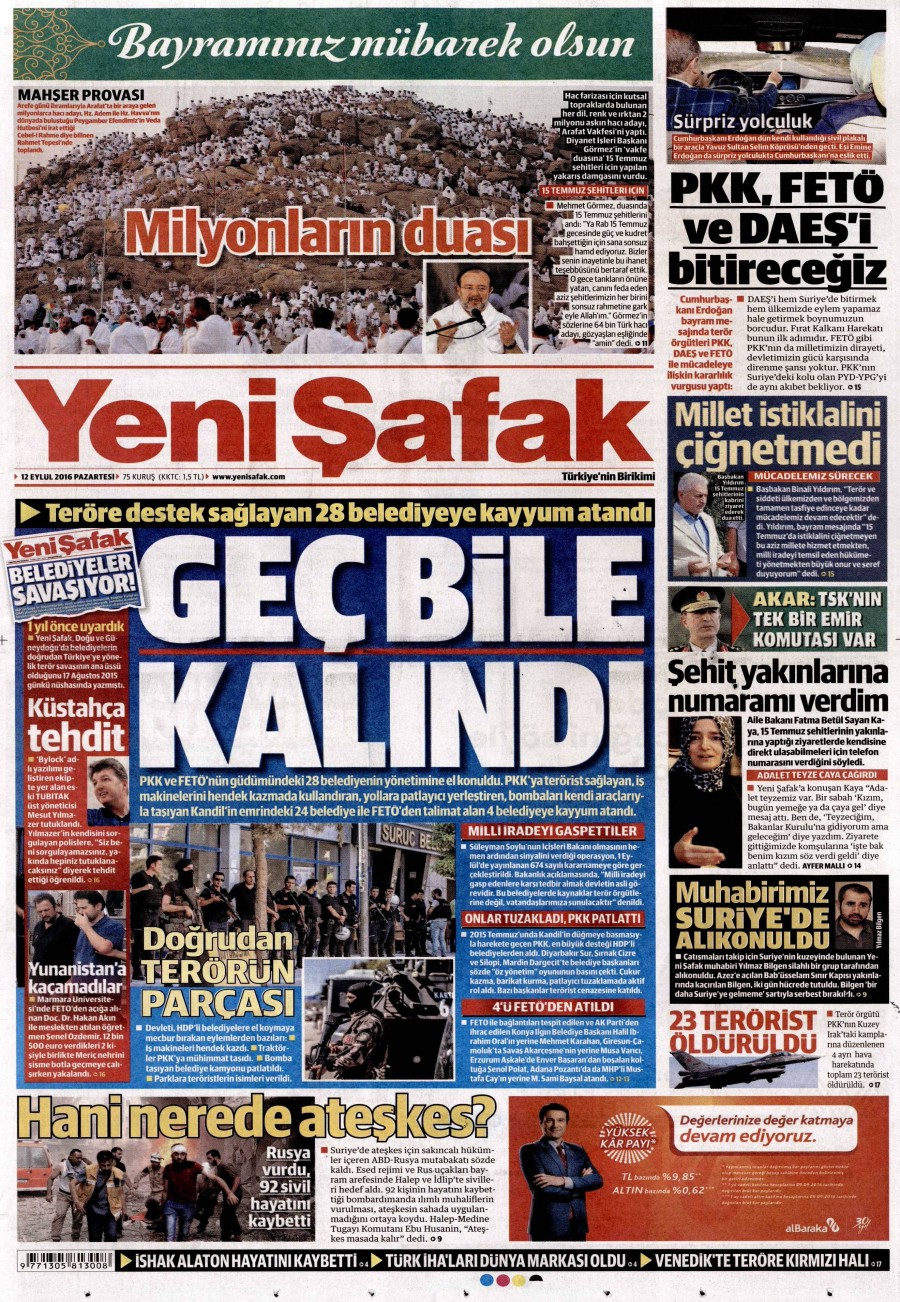 12 Eylül 2016 gazete manşetleri - 17