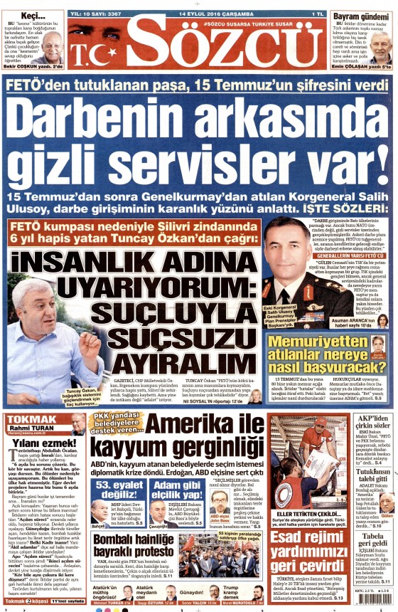 14 Eylül 2016 gazete manşetleri - 827