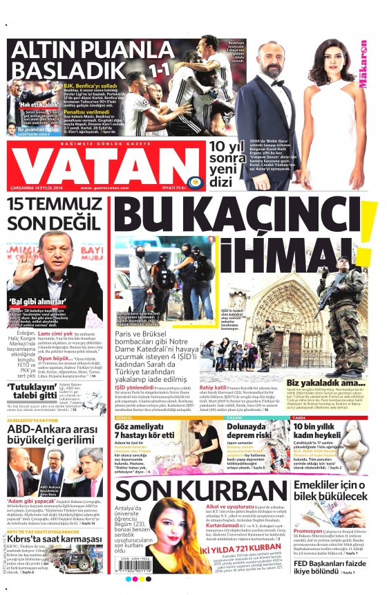14 Eylül 2016 gazete manşetleri - 832