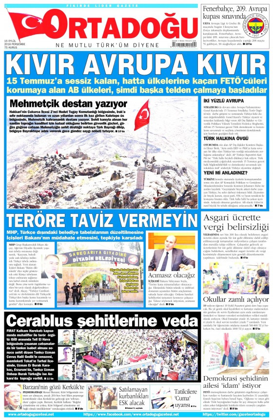 15 Eylül 2016 gazete manşetleri - 885