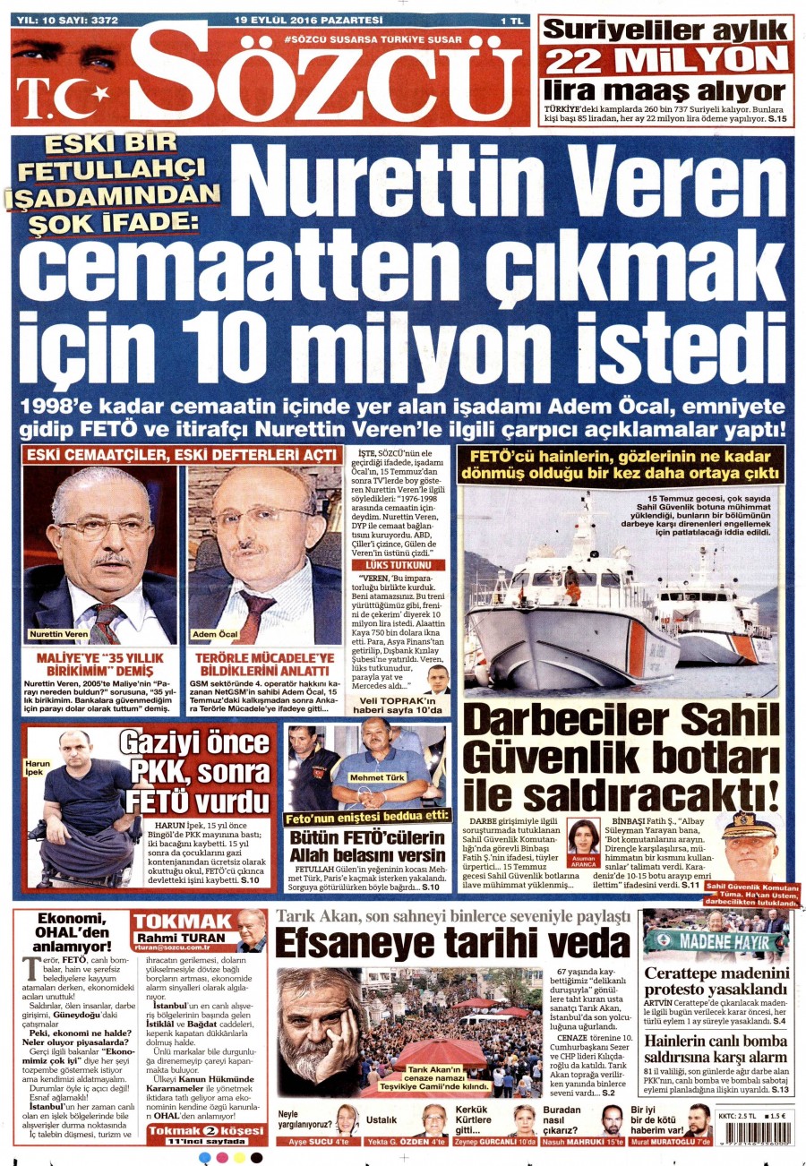 19 Eylül 2016 gazete manşetleri - 742