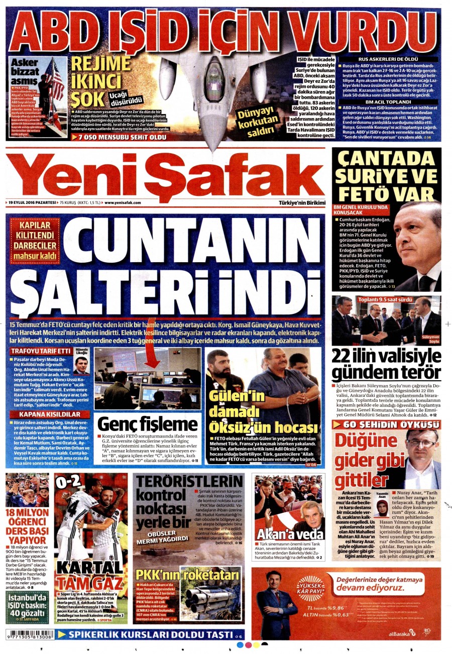 19 Eylül 2016 gazete manşetleri - 555