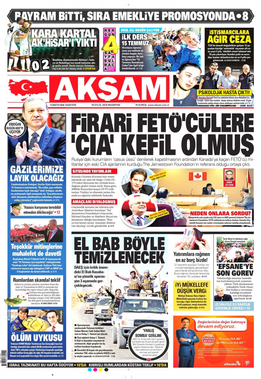 19 Eylül 2016 gazete manşetleri - 760