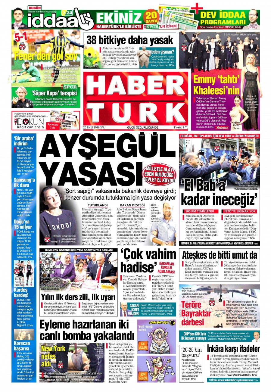20 Eylül 2016 gazete manşetleri - 545