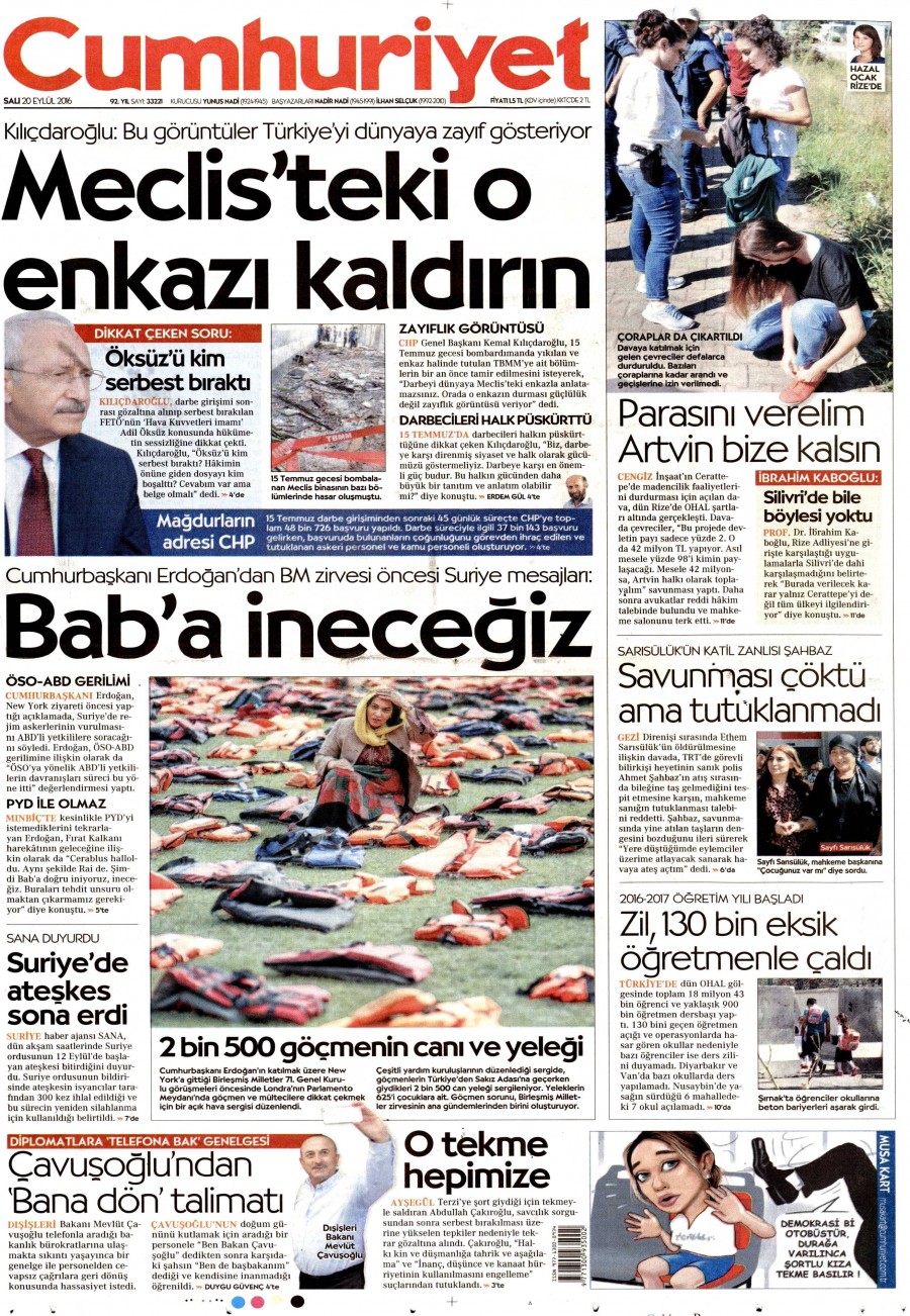 20 Eylül 2016 gazete manşetleri - 706