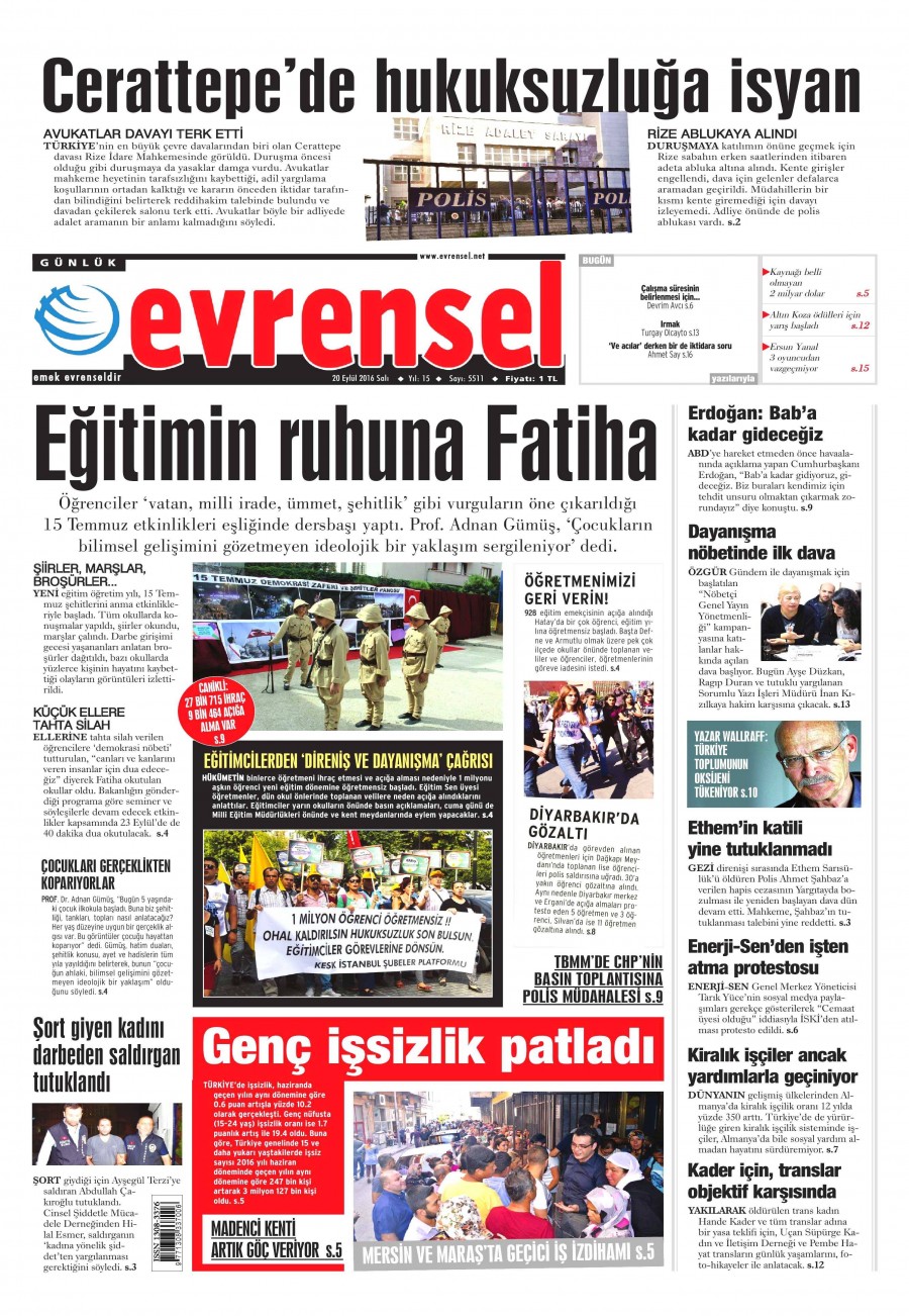 20 Eylül 2016 gazete manşetleri - 543