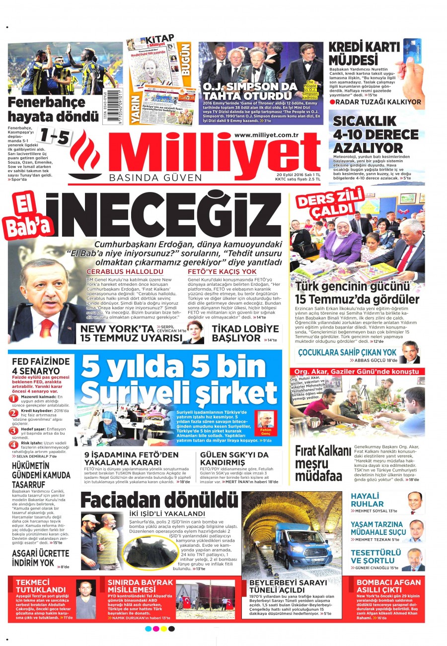 20 Eylül 2016 gazete manşetleri - 629