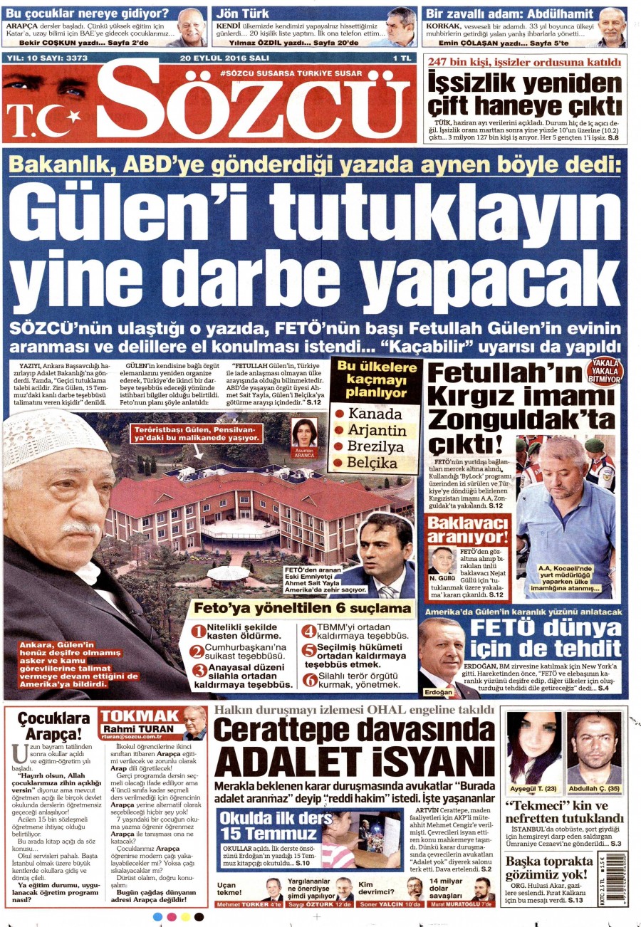 20 Eylül 2016 gazete manşetleri - 834