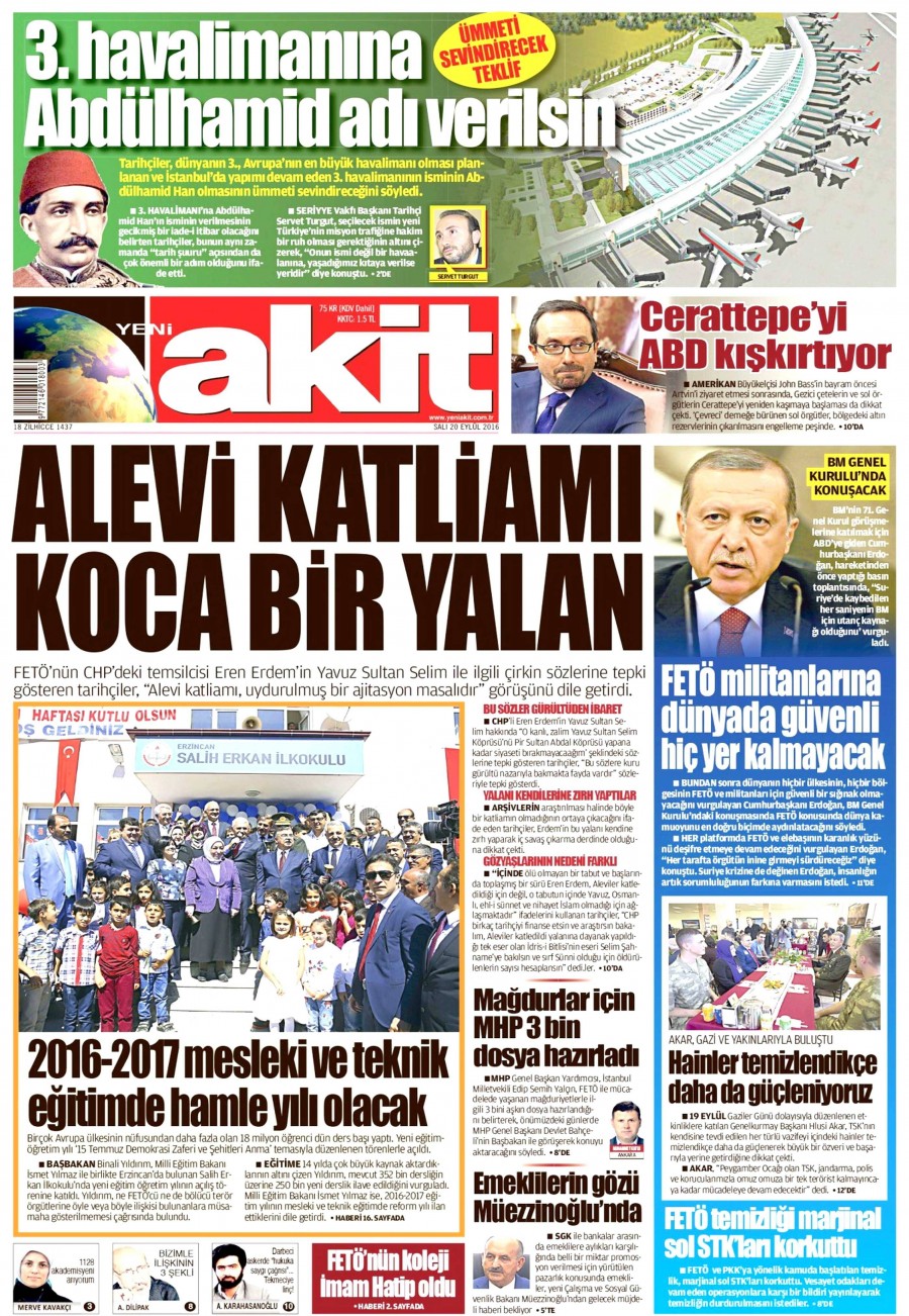 20 Eylül 2016 gazete manşetleri - 930