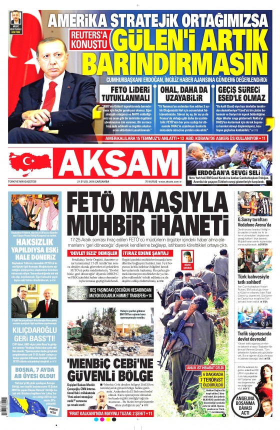 21 Eylül 2016 gazete manşetleri - 1