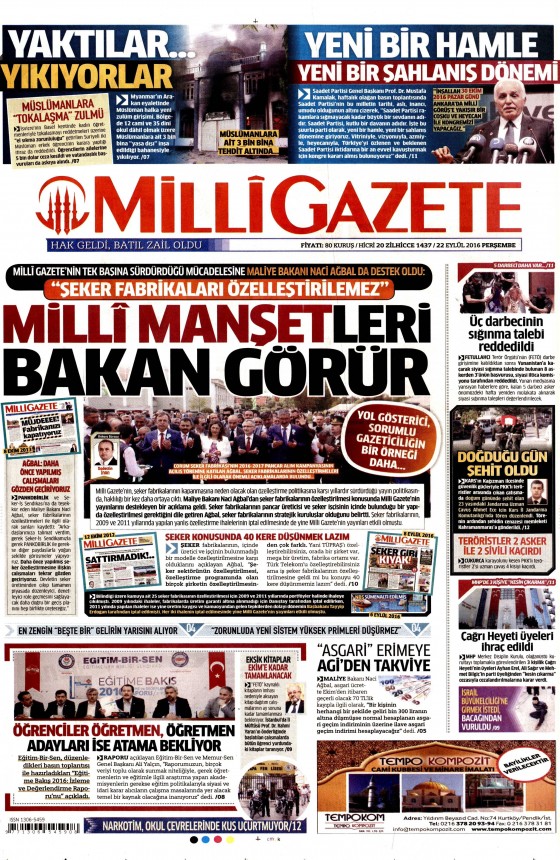 22 Eylül 2016 gazete manşetleri - 800