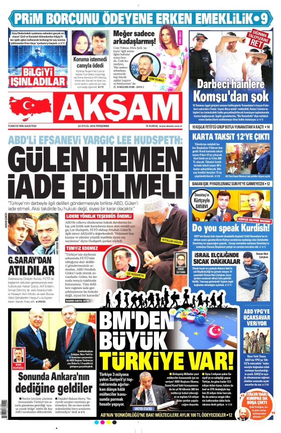 22 Eylül 2016 gazete manşetleri - 895
