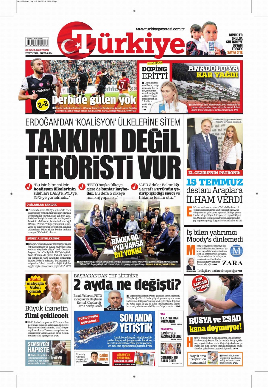 25 Eylül 2016 gazete manşetleri - 854