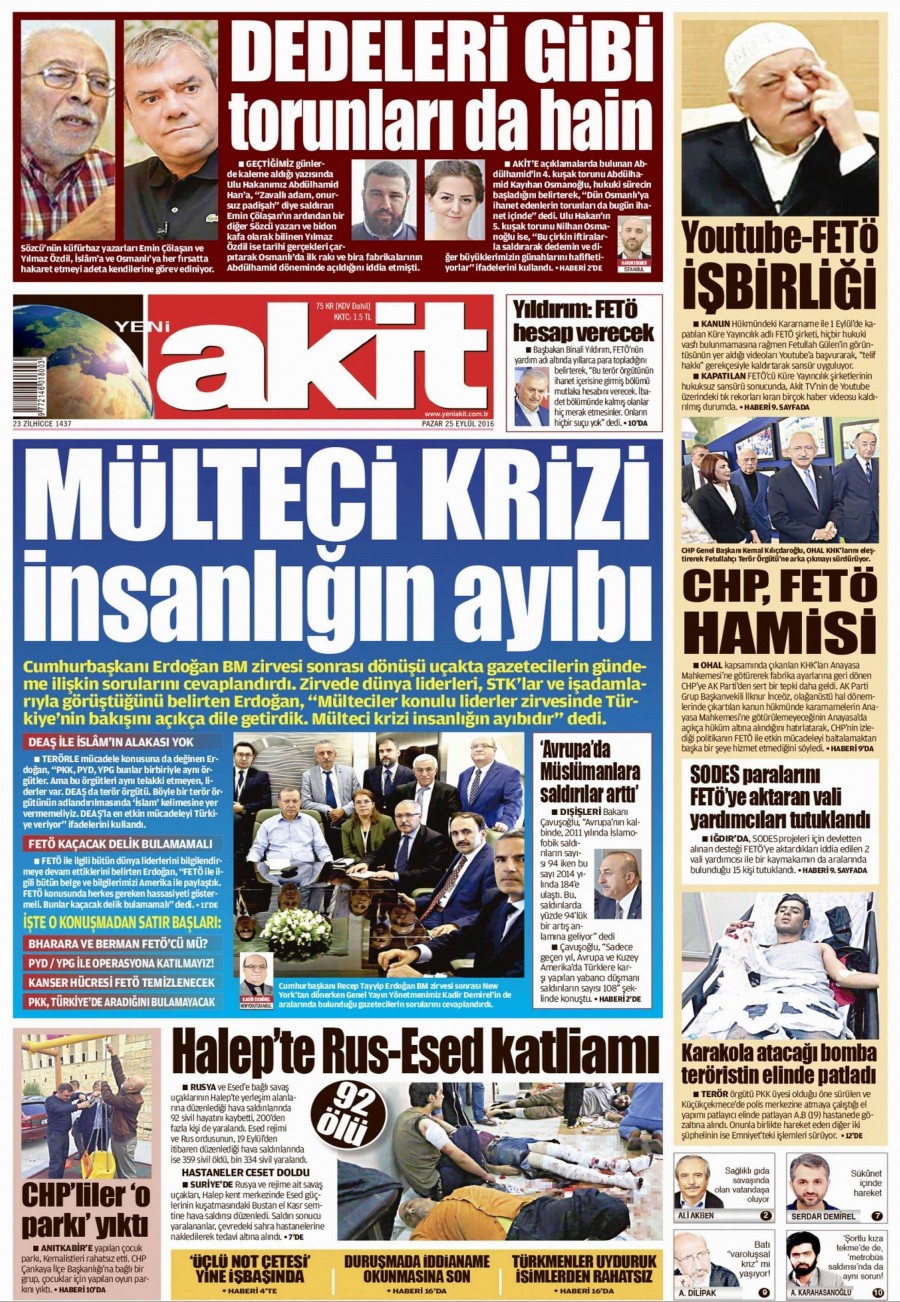 25 Eylül 2016 gazete manşetleri - 560
