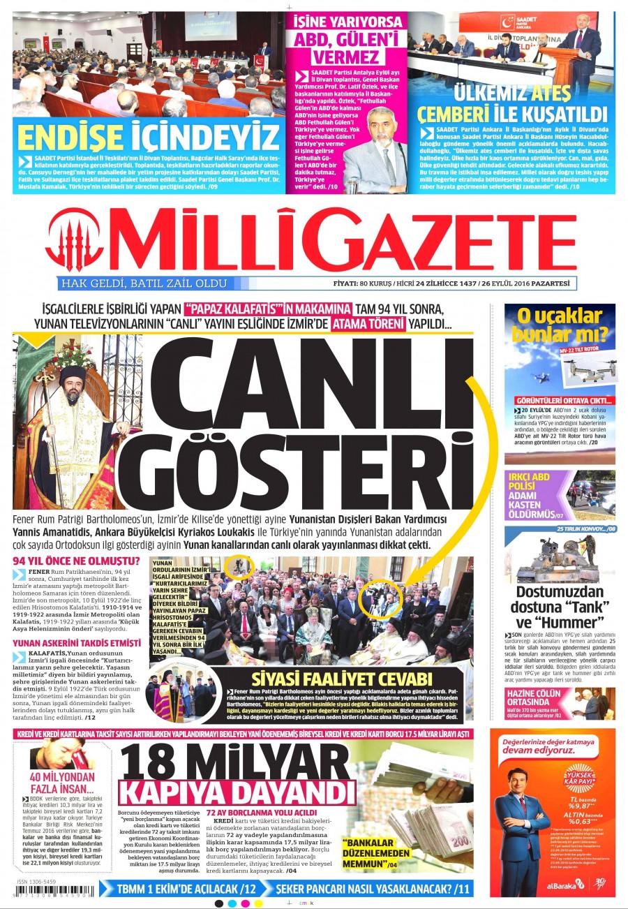 26 Eylül 2016 gazete manşetleri - 941