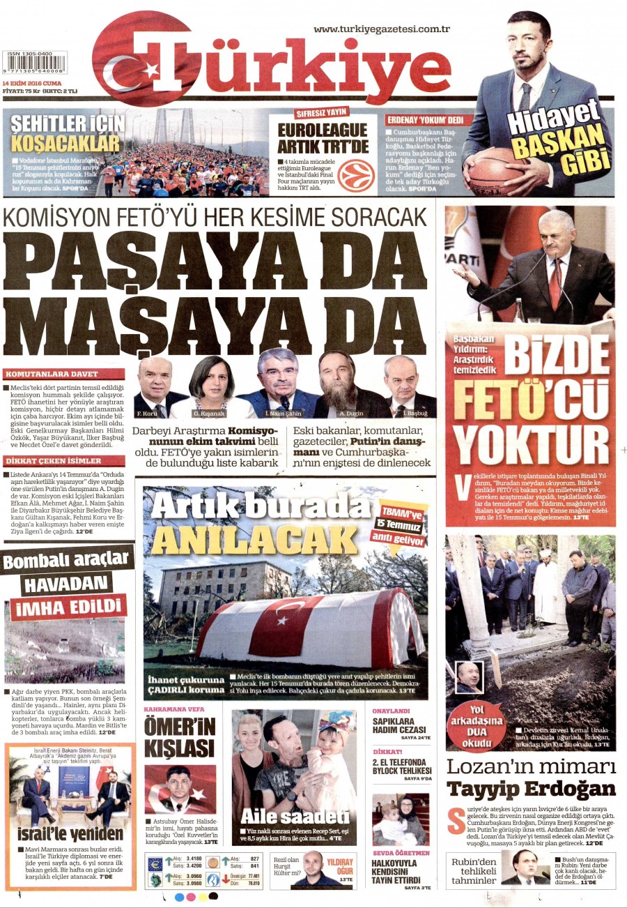 14 Ekim 2016 gazete manşetleri - 1