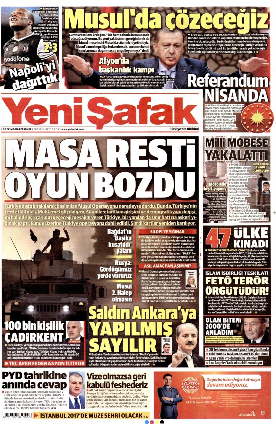 20 Ekim 2016 gazete manşetleri - 1