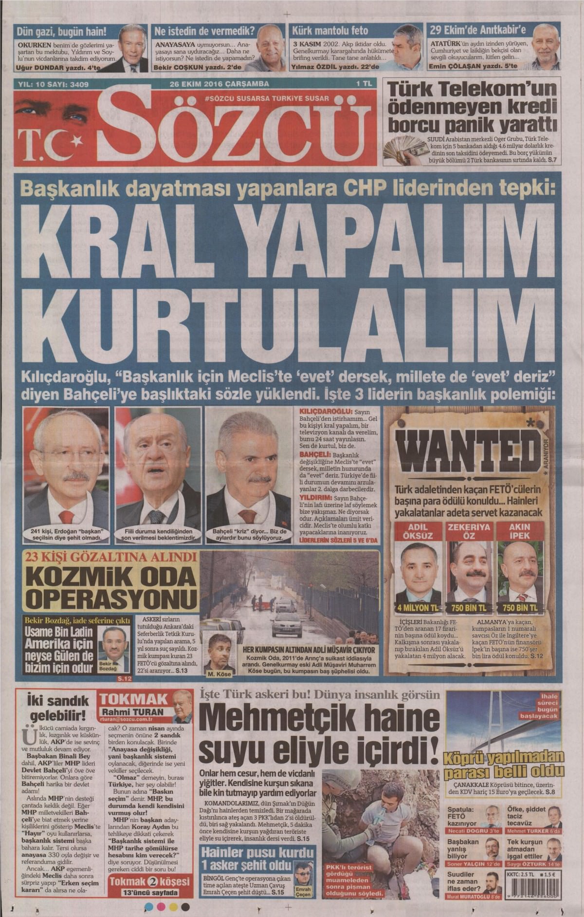 26 Ekim 2016 gazete manşetleri - 806