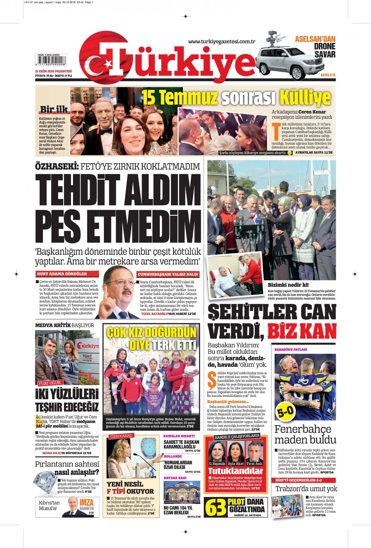 31 Ekim 2016 gazete manşetleri - 1