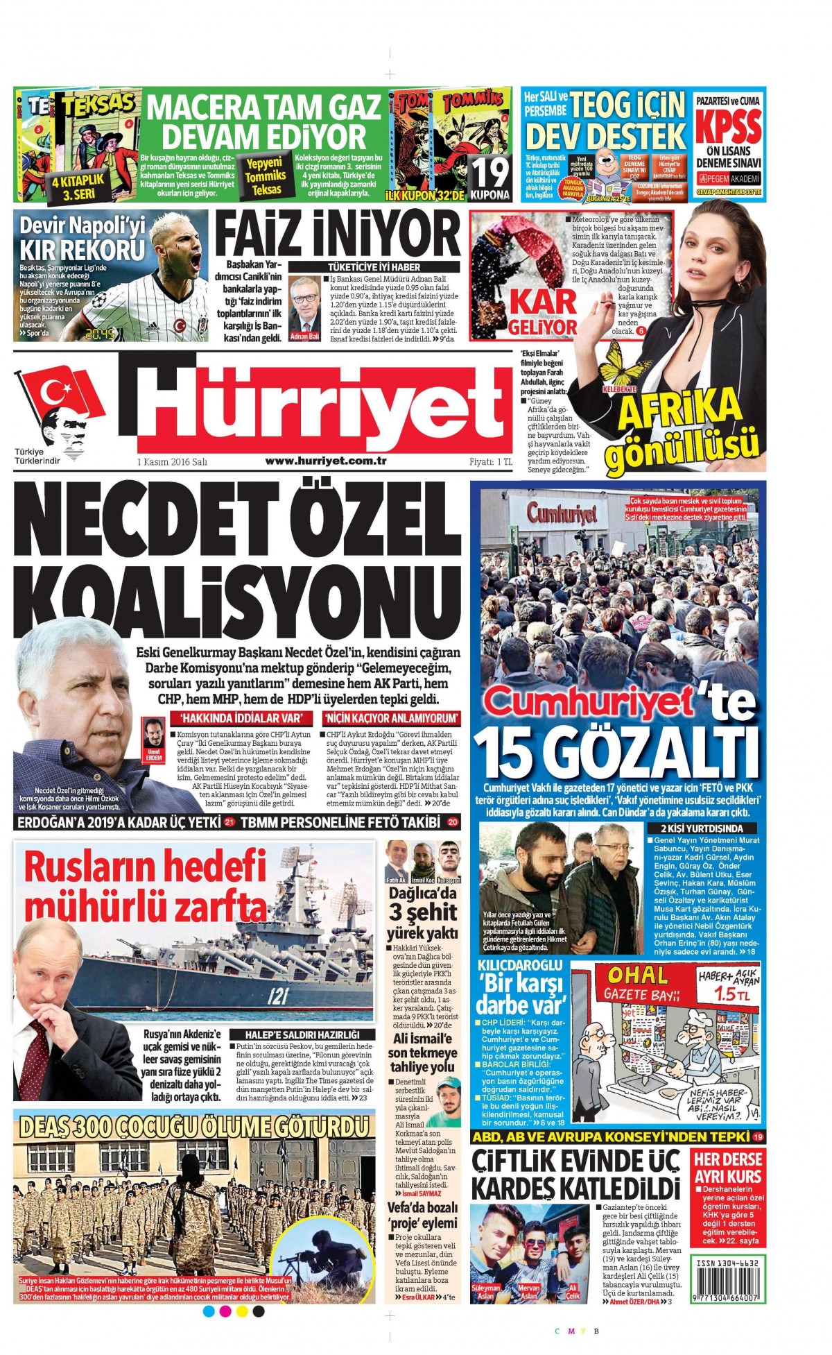 1 Kasım 2016 gazete manşetleri - 630