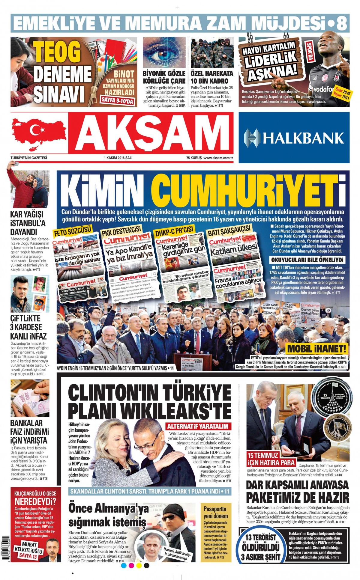 1 Kasım 2016 gazete manşetleri - 910
