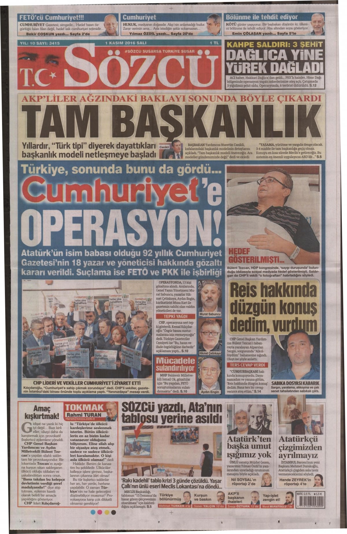 1 Kasım 2016 gazete manşetleri - 914