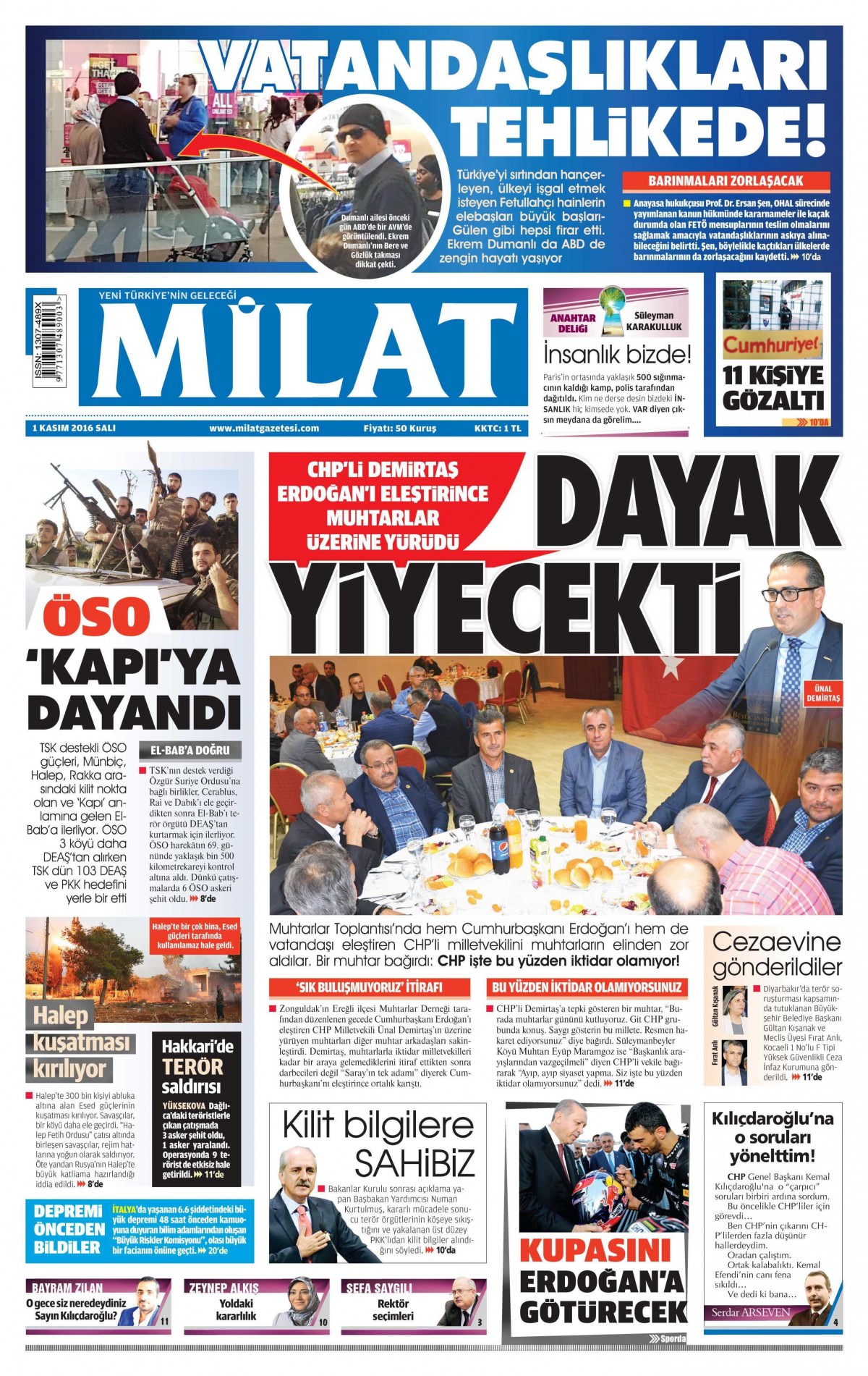 1 Kasım 2016 gazete manşetleri - 647