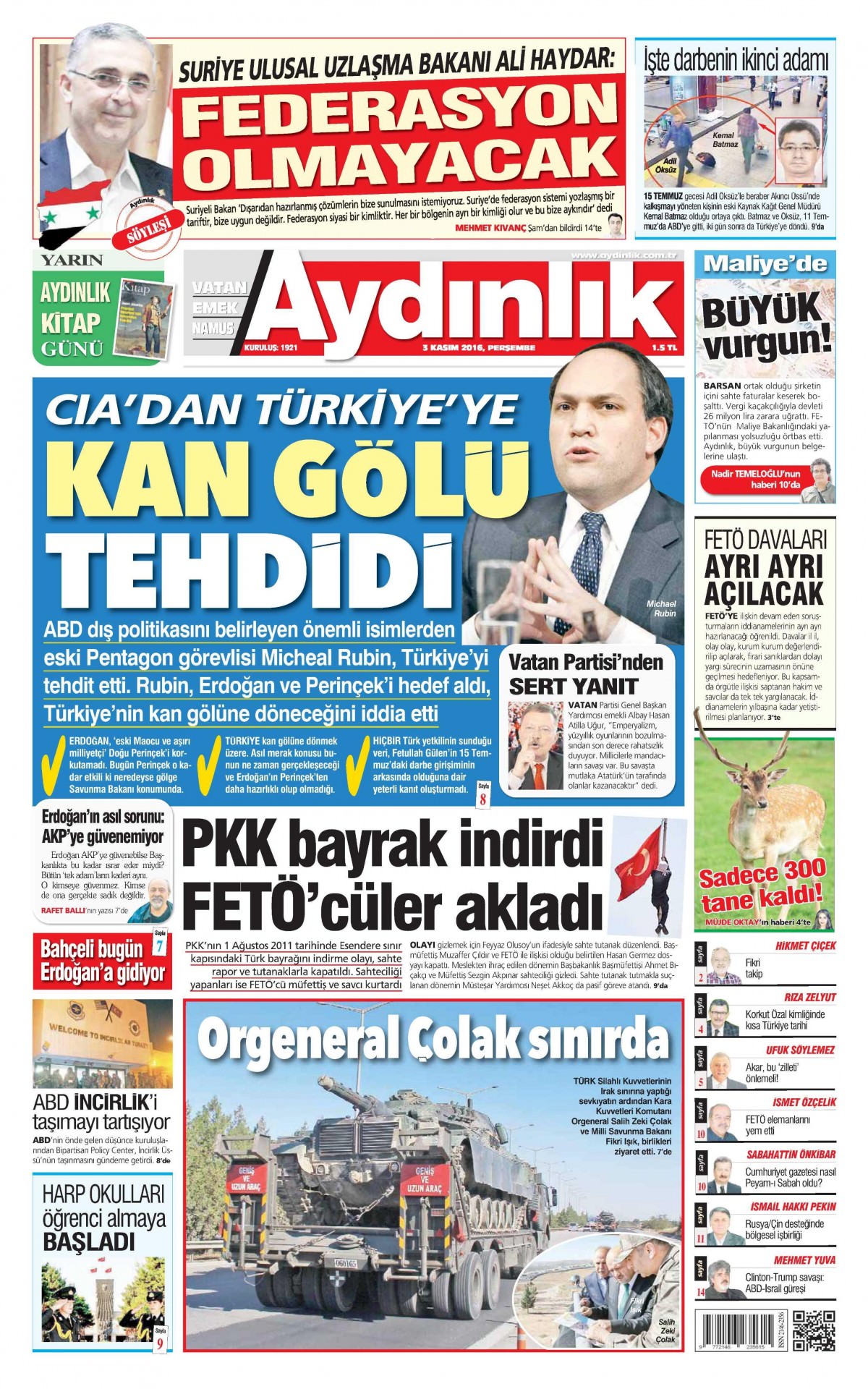 3 Kasım 2016 gazete manşetleri - 940