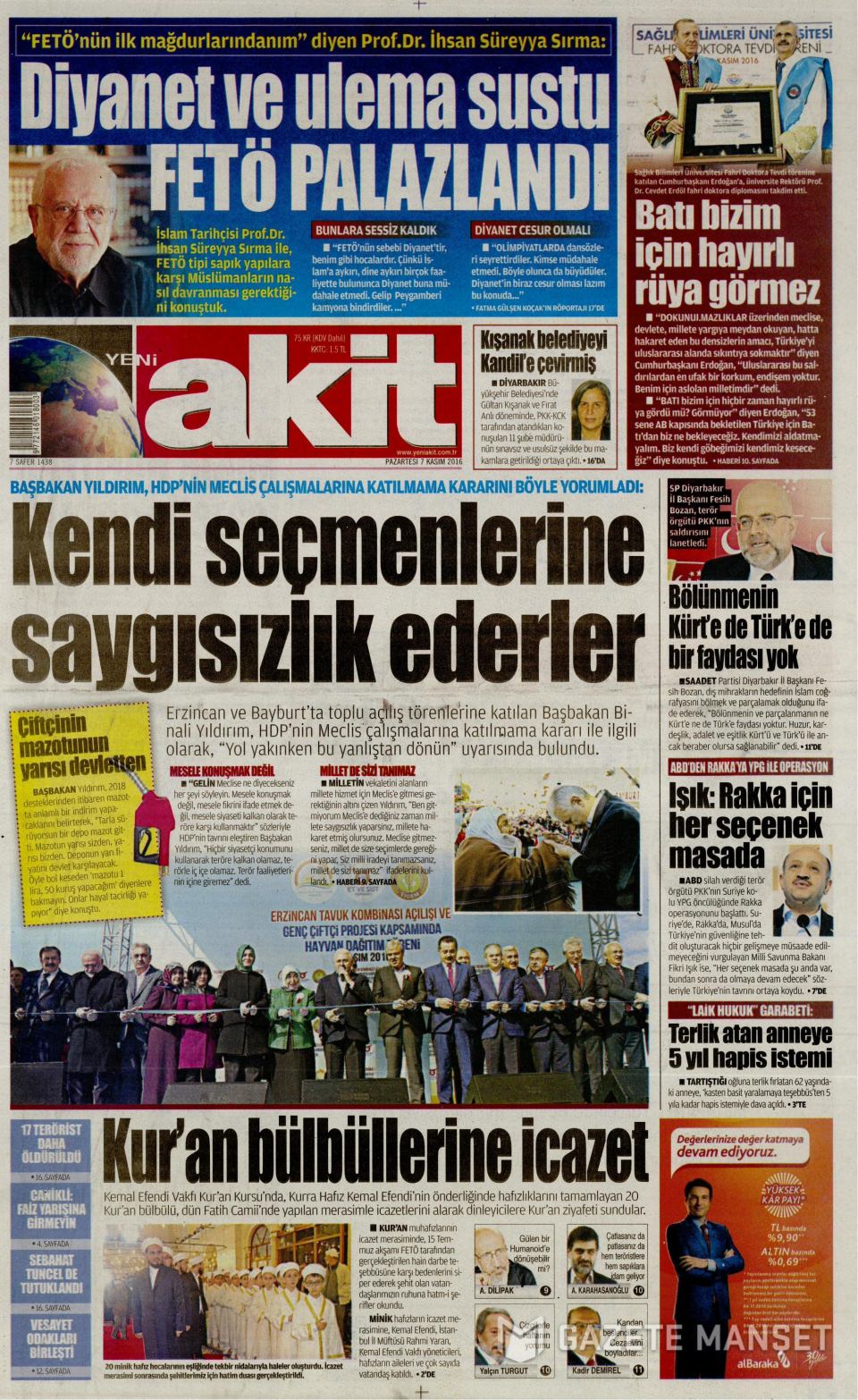 7 Kasım 2016 gazete manşetleri - 730