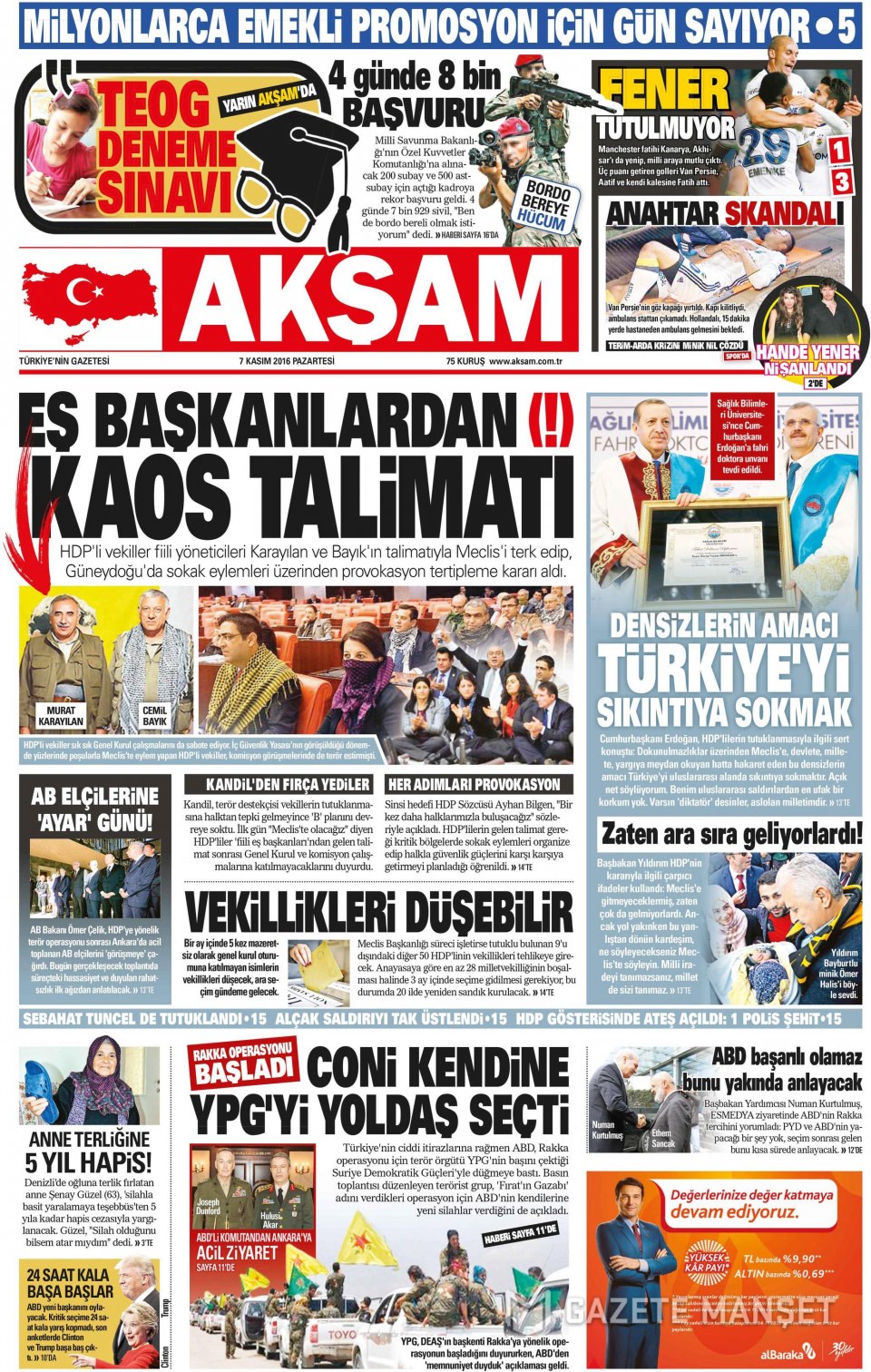 7 Kasım 2016 gazete manşetleri - 759
