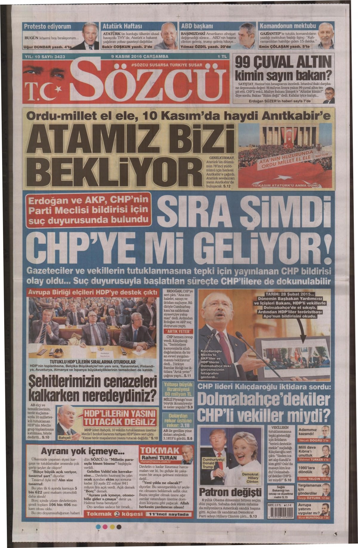 9 Kasım 2016 gazete manşetleri - 750