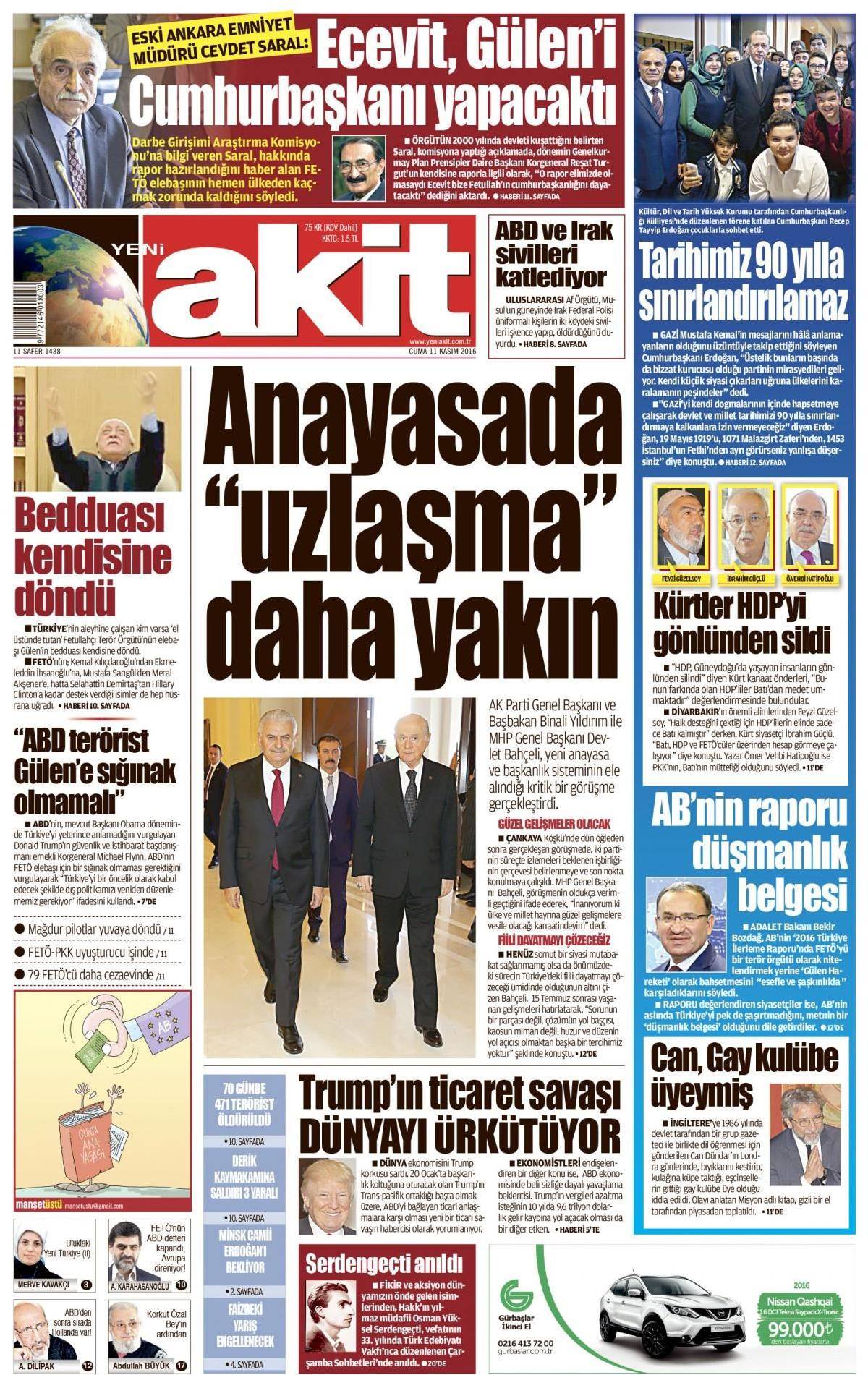 11 Kasım 2016 gazete manşetleri - 800