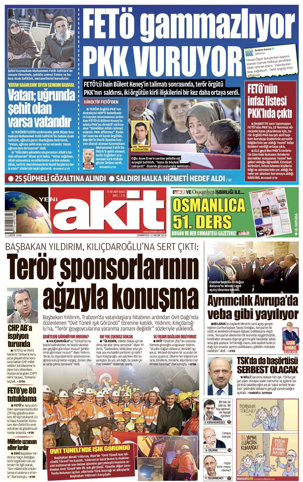 12 Kasım 2016 gazete manşetleri - 587