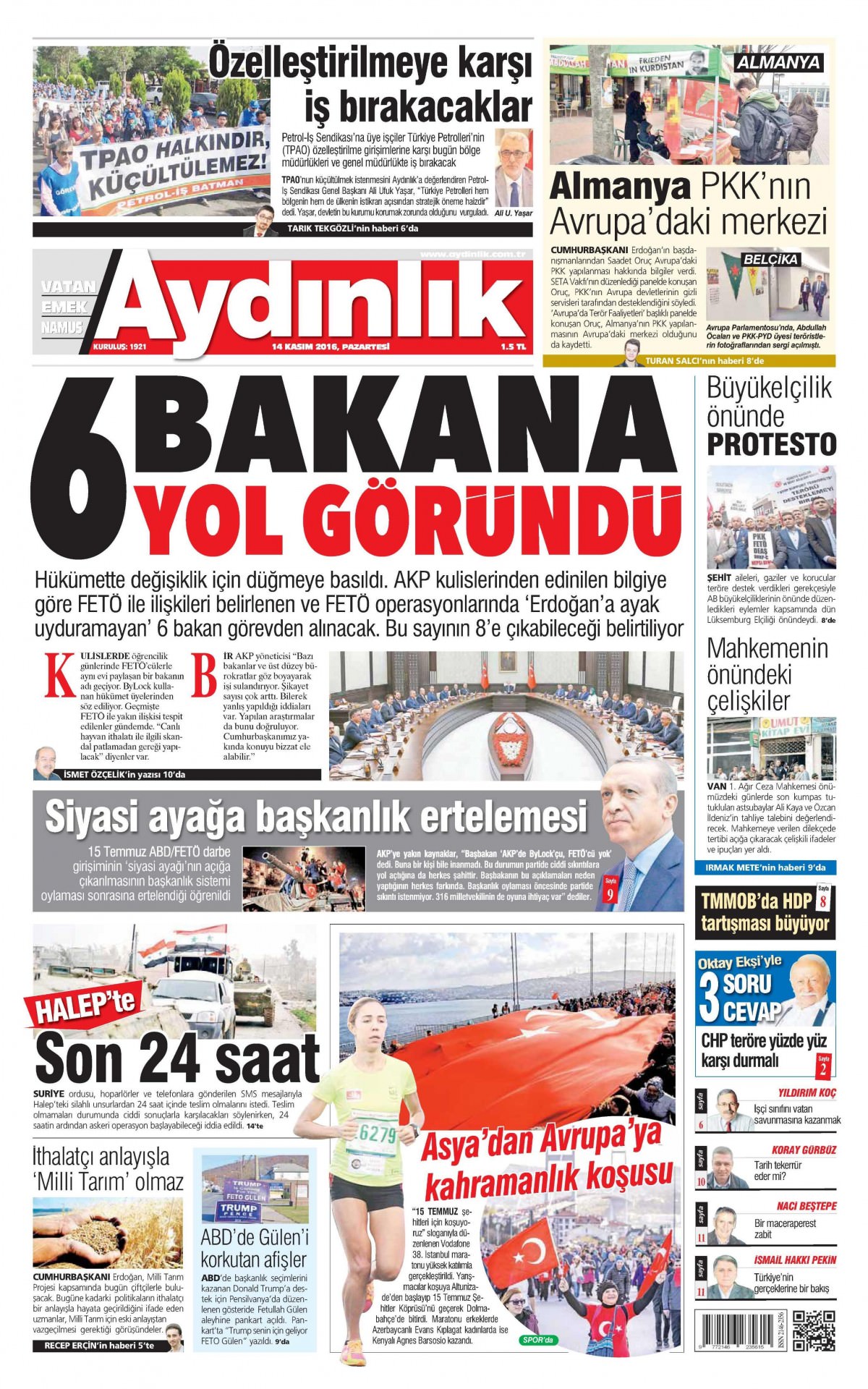 14 Kasım 2016 gazete manşetleri - 737