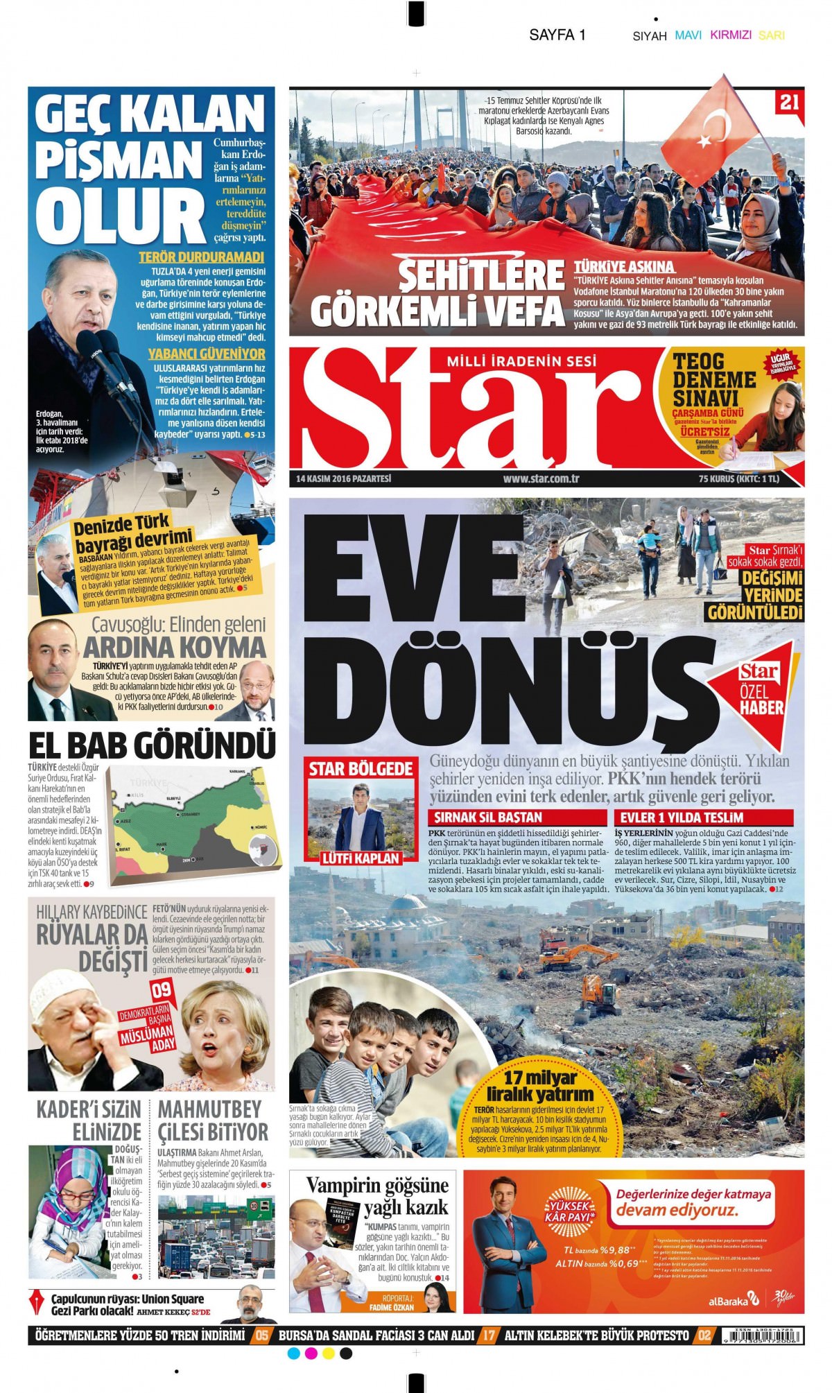 14 Kasım 2016 gazete manşetleri - 750