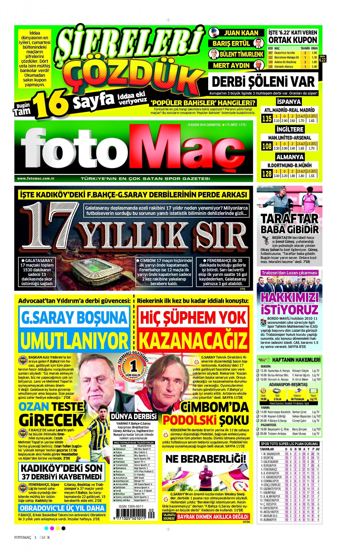 19 Kasım 2016 gazete manşetleri - 750