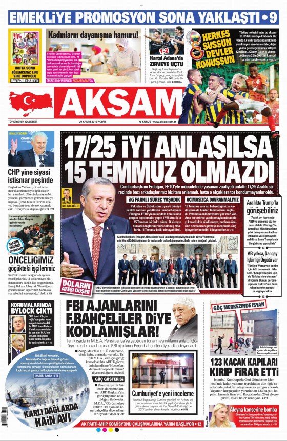 20 Kasım 2016 gazete manşetleri - 20