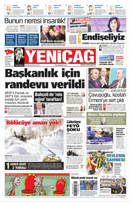 20 Kasım 2016 gazete manşetleri - 1