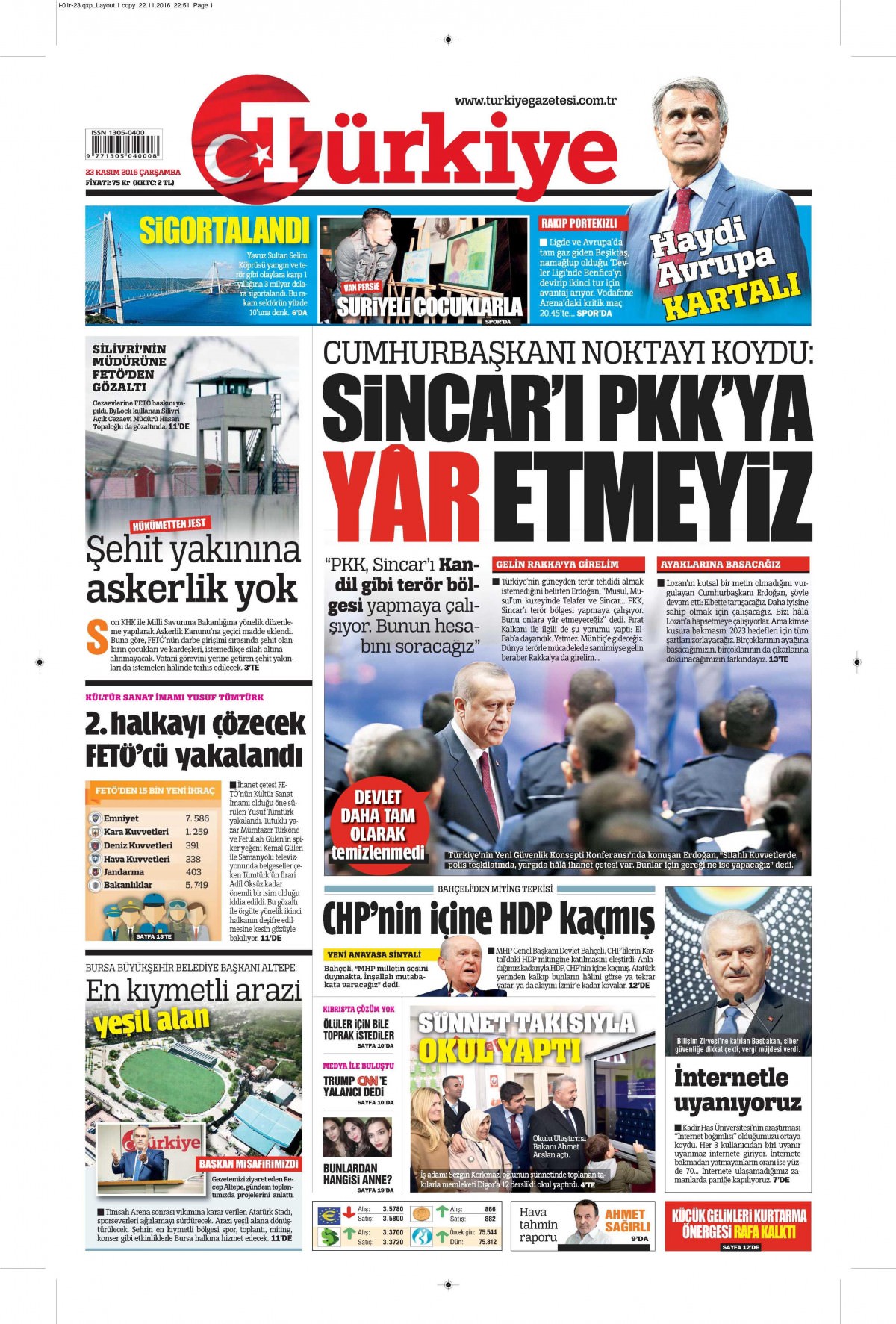 23 Kasım 2016 gazete manşetleri - 750