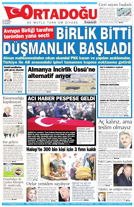 27 Kasım 2016 gazete manşetleri - 900