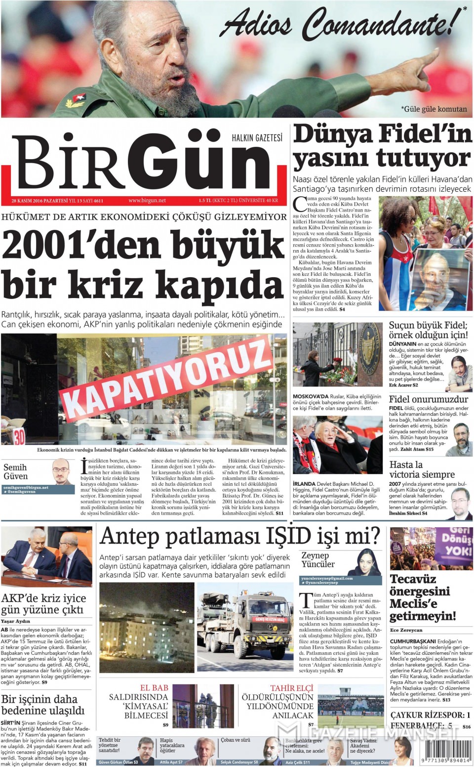 28 Kasım 2016 gazete manşetleri - 600